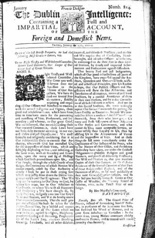 cover page of Dublin Intelligence published on January 29, 1712