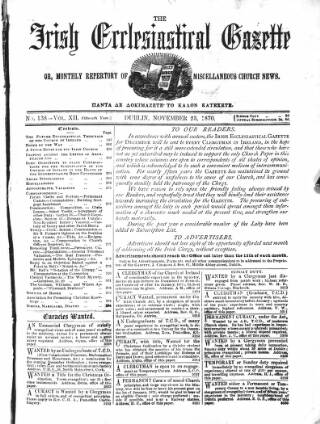 cover page of Irish Ecclesiastical Gazette published on November 23, 1870