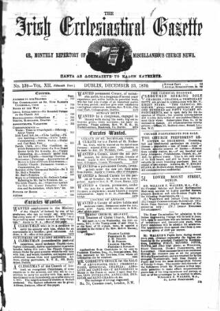 cover page of Irish Ecclesiastical Gazette published on December 23, 1870