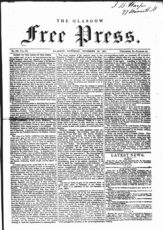 cover page of Glasgow Free Press published on November 23, 1861