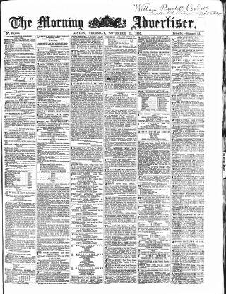 cover page of Morning Advertiser published on November 23, 1865