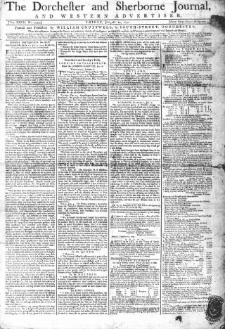 cover page of Dorchester and Sherborne journal, and Western Advertiser published on January 14, 1791