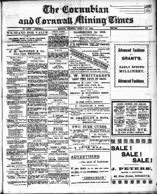 cover page of Cornubian and Redruth Times published on January 26, 1922