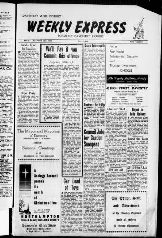 cover page of Daventry and District Weekly Express published on December 25, 1959