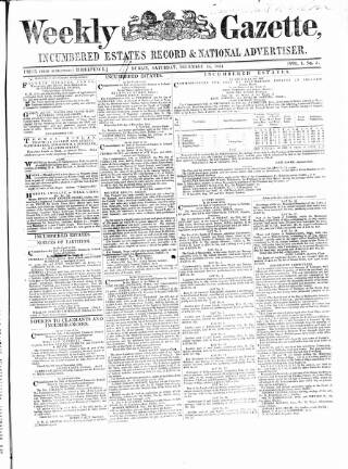 cover page of Weekly Gazette, Incumbered Estates Record & National Advertiser (Dublin, Ireland) published on December 16, 1854