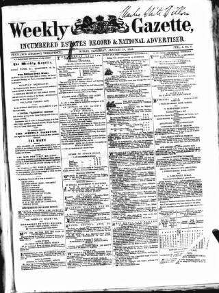 cover page of Weekly Gazette, Incumbered Estates Record & National Advertiser (Dublin, Ireland) published on January 20, 1855