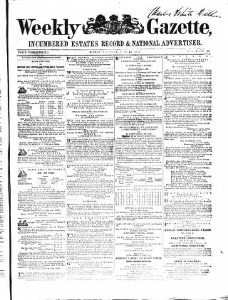 cover page of Weekly Gazette, Incumbered Estates Record & National Advertiser (Dublin, Ireland) published on June 16, 1855