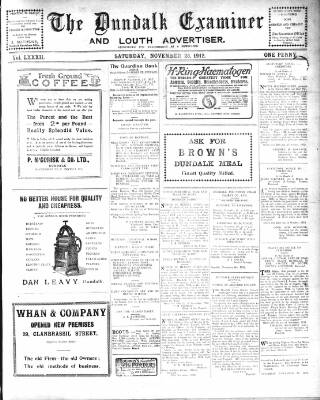 cover page of Dundalk Examiner and Louth Advertiser published on November 23, 1912