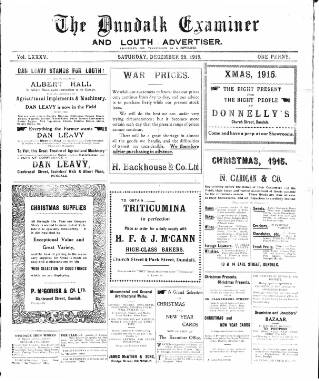 cover page of Dundalk Examiner and Louth Advertiser published on December 25, 1915