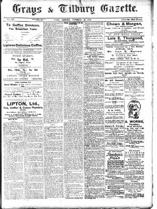 cover page of Grays & Tilbury Gazette, and Southend Telegraph published on November 23, 1901