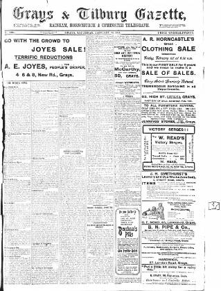 cover page of Grays & Tilbury Gazette, and Southend Telegraph published on January 26, 1907