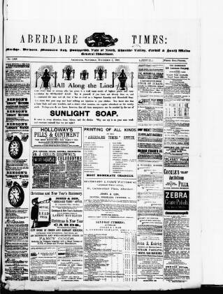 cover page of Aberdare Times published on December 3, 1892