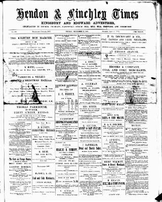 cover page of Hendon & Finchley Times published on December 25, 1885