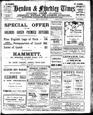 cover page of Hendon & Finchley Times published on January 26, 1923