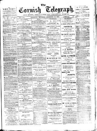 cover page of The Cornish Telegraph published on December 25, 1890