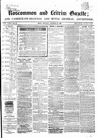 cover page of Roscommon & Leitrim Gazette published on November 23, 1867