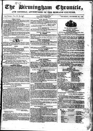 cover page of Birmingham Chronicle published on December 29, 1825