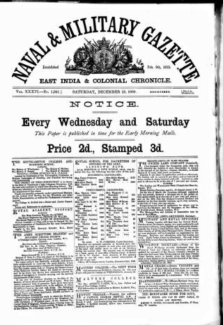 cover page of Naval & Military Gazette and Weekly Chronicle of the United Service published on December 25, 1869