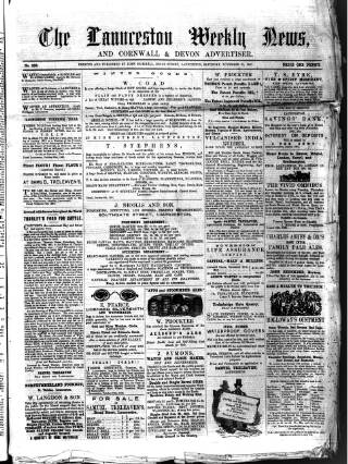 cover page of Launceston Weekly News, and Cornwall & Devon Advertiser. published on November 23, 1861