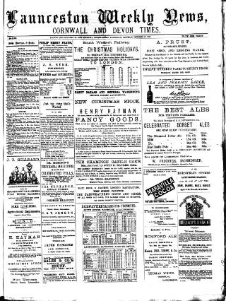 cover page of Launceston Weekly News, and Cornwall & Devon Advertiser. published on December 22, 1877