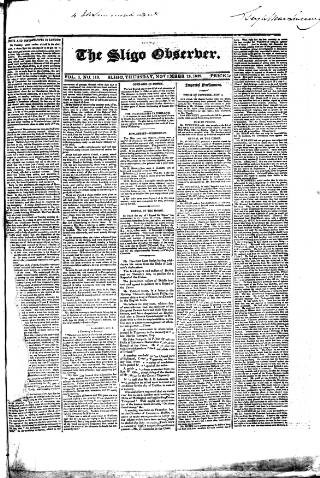 cover page of Sligo Observer published on November 18, 1830