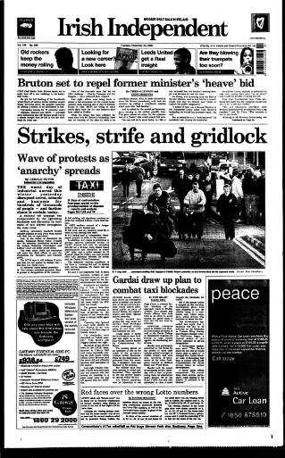 cover page of Irish Independent published on November 23, 2000