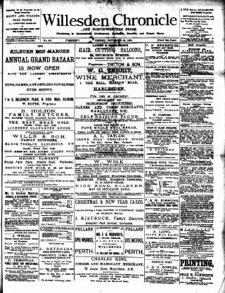 cover page of Willesden Chronicle published on November 23, 1883