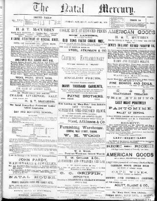 cover page of Natal Mercury published on January 26, 1878