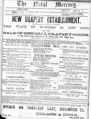 cover page of Natal Mercury published on November 23, 1878