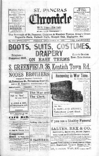 cover page of St. Pancras Chronicle, People's Advertiser, Sale and Exchange Gazette published on December 25, 1914