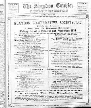 cover page of Blaydon Courier published on December 21, 1929