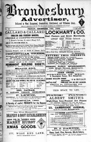 cover page of Brondesbury, Cricklewood & Willesden Green Advertiser published on December 16, 1892