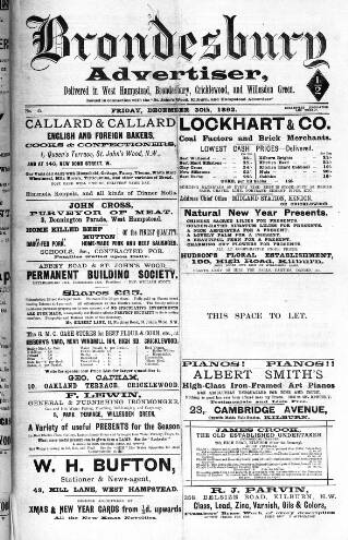 cover page of Brondesbury, Cricklewood & Willesden Green Advertiser published on December 30, 1892