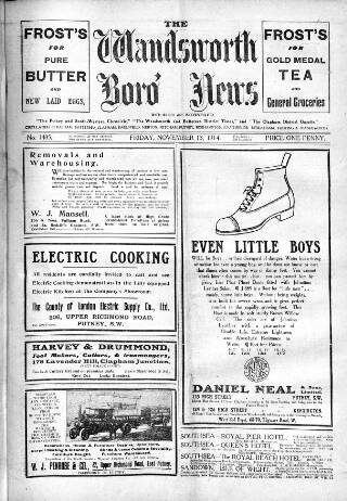 cover page of Wandsworth Borough News published on November 13, 1914