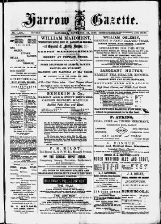 cover page of Harrow Gazette published on November 23, 1889