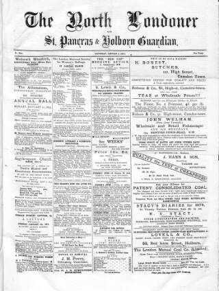 cover page of North Londoner published on January 2, 1875