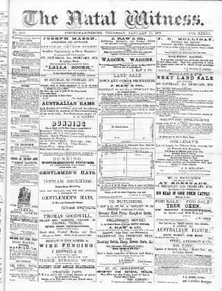 cover page of Natal Witness published on January 31, 1878