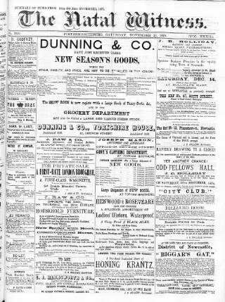 cover page of Natal Witness published on November 23, 1878