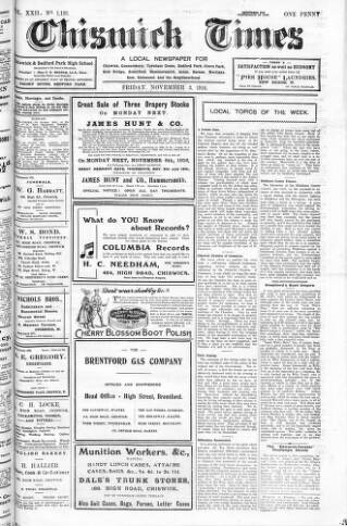 cover page of Chiswick Times published on November 3, 1916