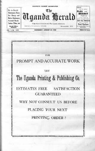 cover page of Uganda Herald published on January 24, 1940