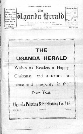 cover page of Uganda Herald published on December 25, 1940