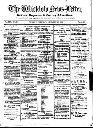 cover page of Wicklow News-Letter and County Advertiser published on December 25, 1909