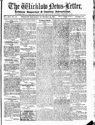 cover page of Wicklow News-Letter and County Advertiser published on November 23, 1918