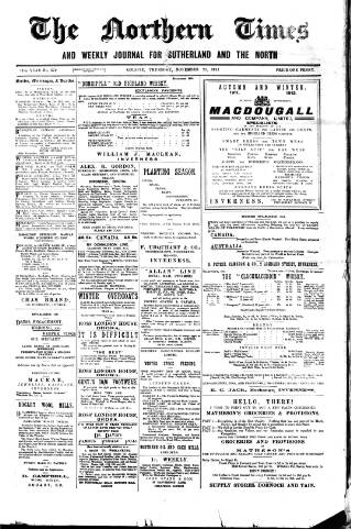 cover page of Northern times and weekly journal for Sutherland and the North published on November 23, 1911