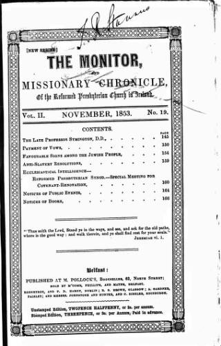 cover page of Monitor and Missionary Chronicle published on November 1, 1853