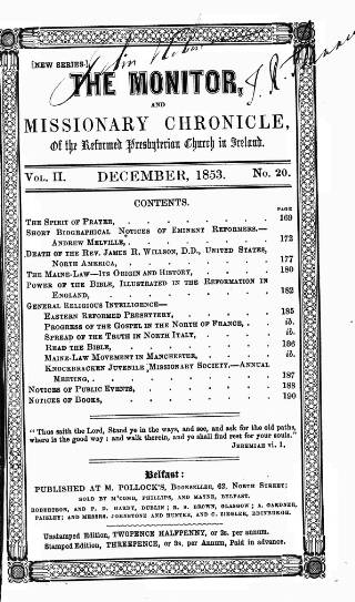 cover page of Monitor and Missionary Chronicle published on December 1, 1853