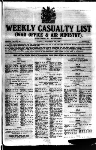 cover page of Weekly Casualty List (War Office & Air Ministry ) published on November 19, 1918