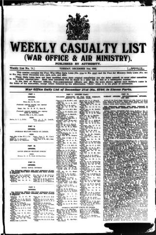 cover page of Weekly Casualty List (War Office & Air Ministry ) published on December 31, 1918