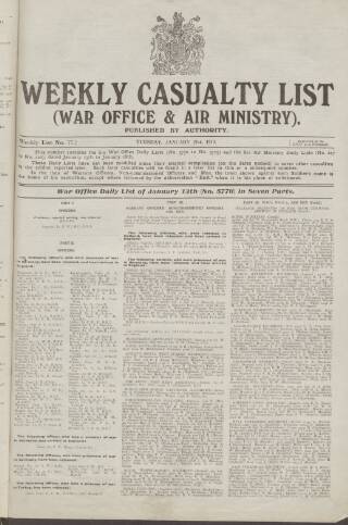 cover page of Weekly Casualty List (War Office & Air Ministry ) published on January 21, 1919