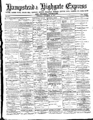 cover page of Hampstead & Highgate Express published on November 23, 1878